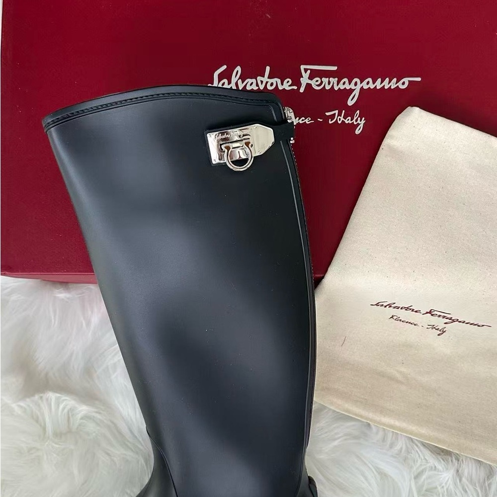 Salvatore Ferragamo Black rain Boots with Silver Accent